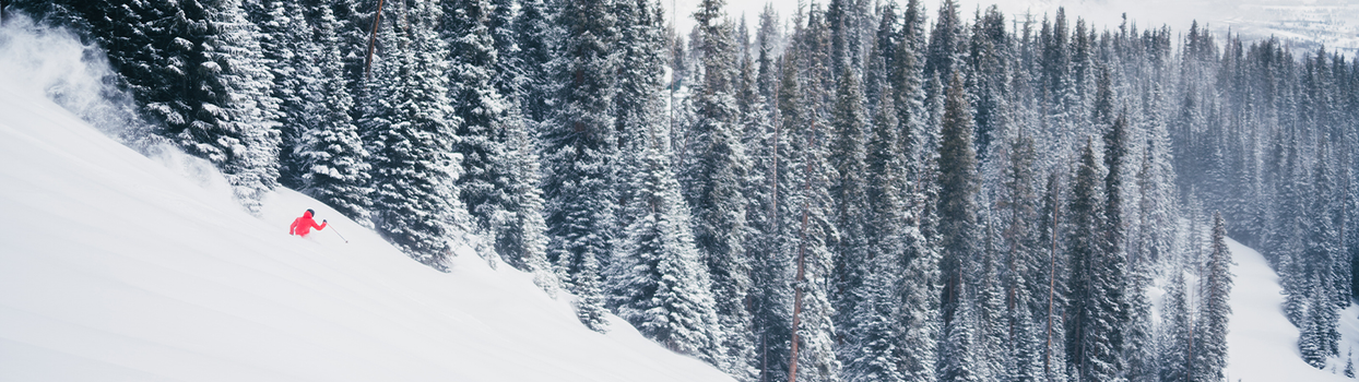 small skier in bright red jacket in snowy scenic