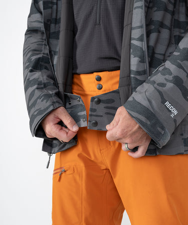 on-model image of strafe outerwear fall/winter 23/24 collection mens hayden jacket in distressed stealth camo