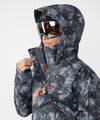 on-model image of strafe outerwear fall/winter 23/24 collection women&#39;s meadow jacket in blackout tie dye
