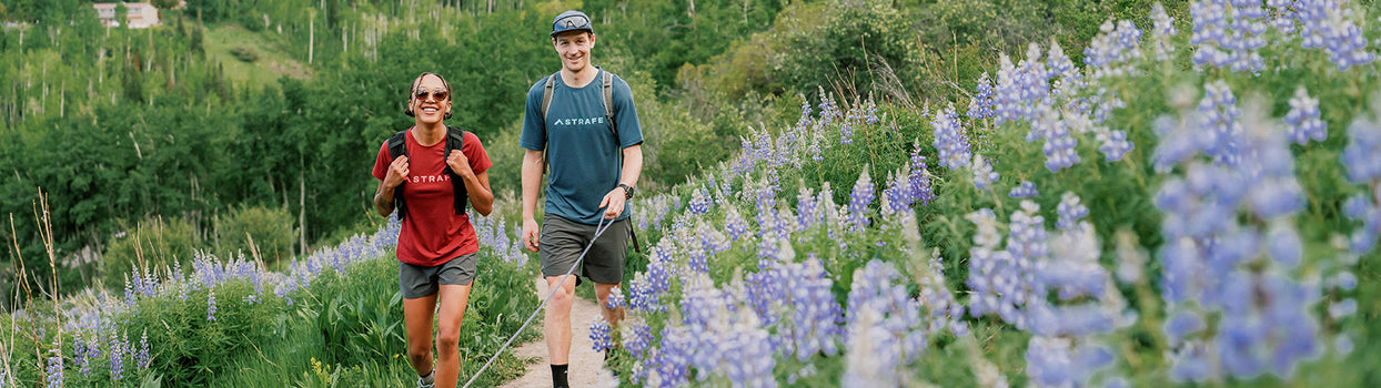 hikers enjoying lupine wildflowers in strafe merino