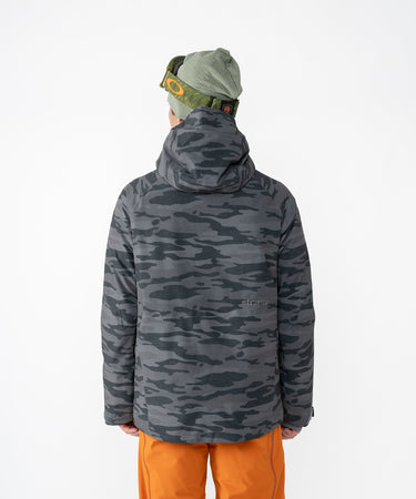 on-model image of strafe outerwear fall/winter 23/24 collection mens hayden jacket in distressed stealth camo