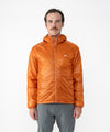 on-model image of strafe outerwear fall/winter 23/24 collection mens ultralight aero hooded insulator in amber