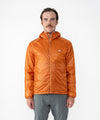 on-model image of strafe outerwear fall/winter 23/24 collection mens ultralight aero hooded insulator in amber 