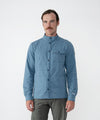 on-model image of strafe outerwear fall/winter 23/24 collection mens highlands shirt jacket in storm cloud blue