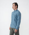 on-model image of strafe outerwear fall/winter 23/24 collection mens highlands shirt jacket in storm cloud blue