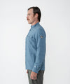 on-model image of strafe outerwear fall/winter 23/24 collection mens highlands shirt jacket in storm cloud blue