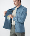 on-model image of strafe outerwear fall/winter 23/24 collection mens highlands shirt jacket in storm cloud blue