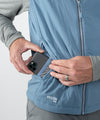 on-model image of strafe outerwear fall/winter 23/24 collection mens temerity vest in storm cloud blue