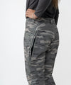 on-model image of strafe outerwear fall/winter 23/24 collection womens pika pant in distressed moss camo
