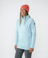 on-model image of strafe outerwear fall/winter 23/24 collection womens tech wrap collar mid-layer in arctic blue