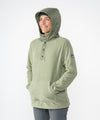 on-model image of strafe outerwear fall/winter 23/24 collection womens ajax snap fleece mid-layer in moss