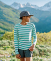 lifestyle image of strafe outerwear summer 2023 ws spring baselayer ls in aqua stripe