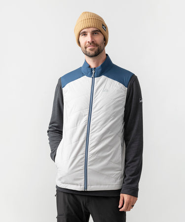 studio on-model image of strafe outerwear 2023 ms alpha direct vest in frost grey color