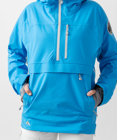 studio on-model image of strafe outerwear 2023 lynx 3l shell pullover in cobalt color