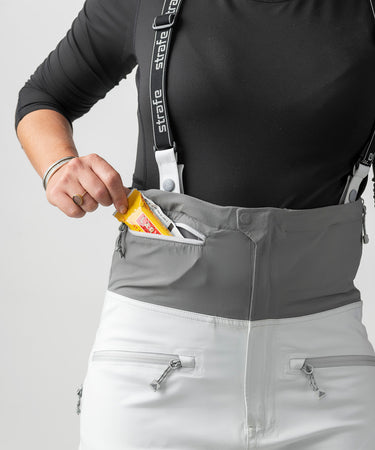 studio on-model image of strafe outerwear 2023 willow 3l shell half bib in frost grey color