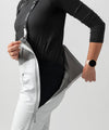 studio on-model image of strafe outerwear 2023 willow 3l shell half bib in frost grey color