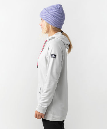 studio on-model image of strafe outerwear 2023 ws tech hoodie in frost grey color